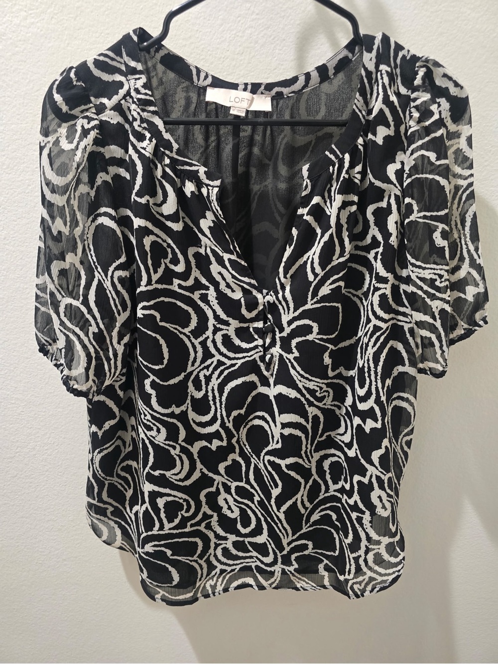 LOFT Black and White Swirl Sheer V-Neck Blouse
